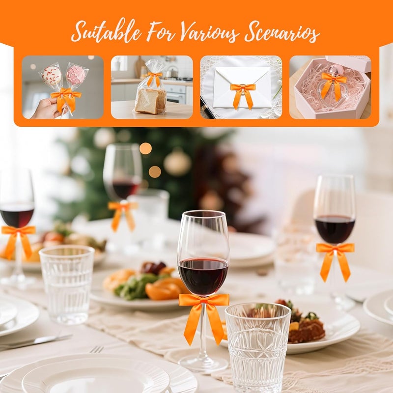 Sokfone Satin Ribbon Orange Bow Decor 2.5" Premade Orange Twist Tie Bows for Gift Wrapping Bow for Treat Bags Party Favors Wedding Decorations - 50 Counts - Image 2